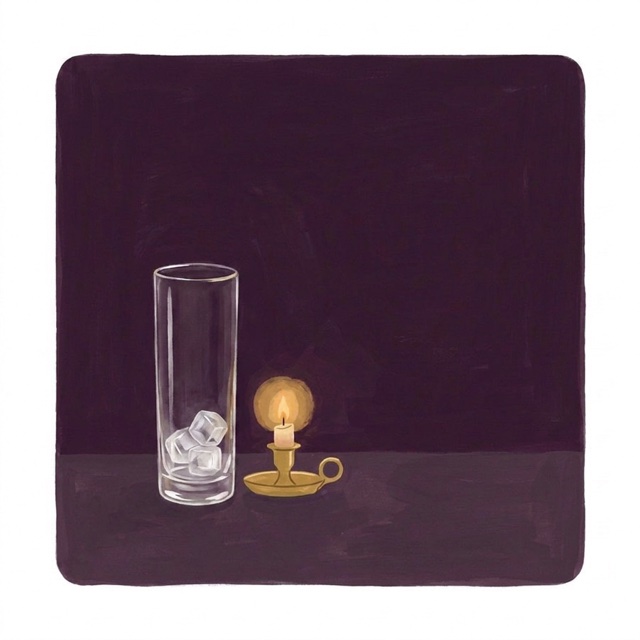 An empty highball glass with ice beside a candle