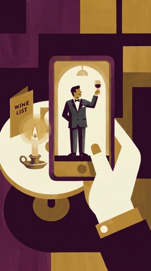 A tiny sommelier raising a glass inside a phone screen, candlelit wine list beside it