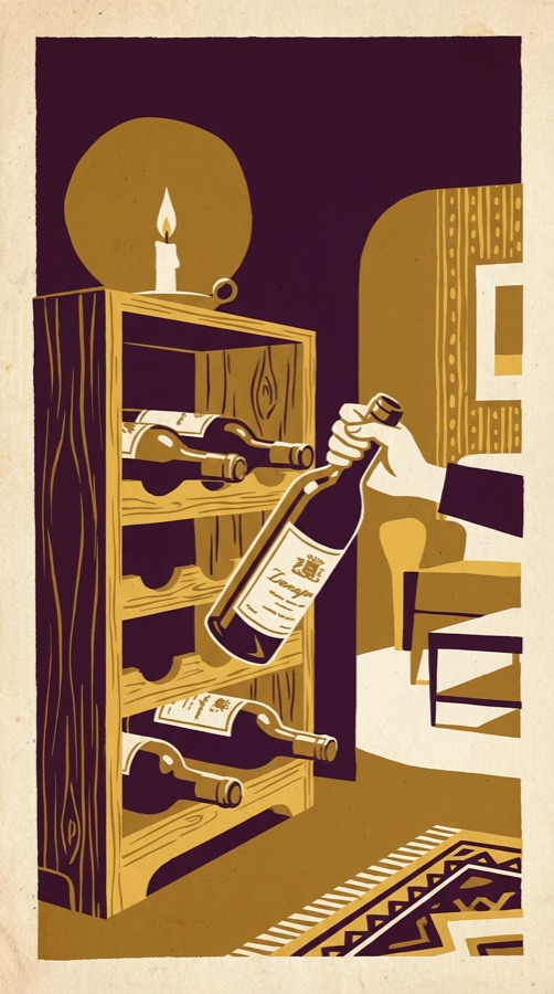 A candlelit wine rack, vintage poster illustration