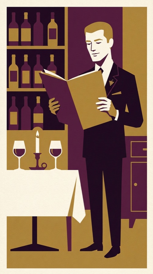A sommelier with a tastevin lapel pin reading a wine list